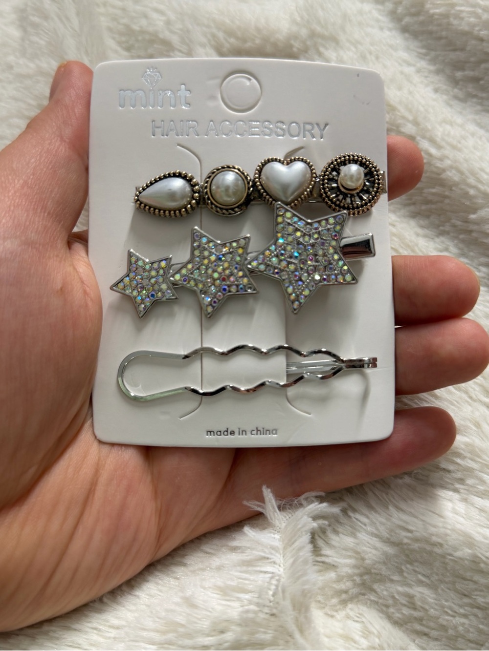 Mint Silver Iridescent Star & Pearl Hair Clip Set